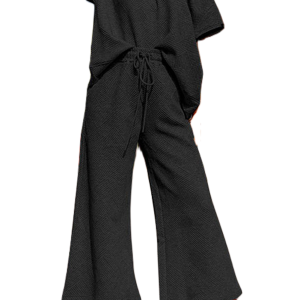 Women's Textured Loungewear Set, Casual Black Two Piece Outfit - Main View