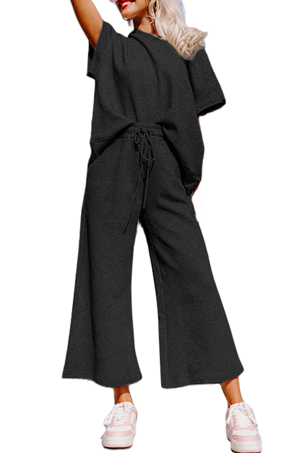 Women's Textured Loungewear Set, Casual Black Two Piece Outfit - Main View Women's Textured Loungewear Set, Casual Black Two Piece Outfit - Main View