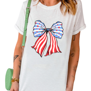 Women's White Stripes and Stars Bowknot Print T-Shirt - Main View
