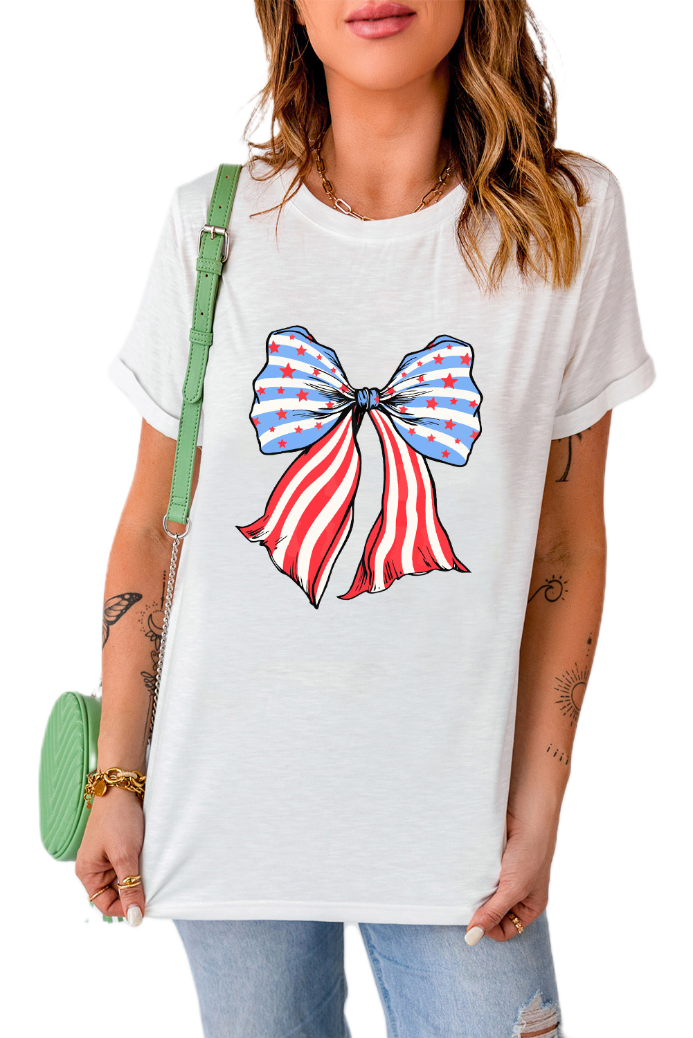 Women's White Stripes and Stars Bowknot Print T-Shirt - Main View Women's White Stripes and Stars Bowknot Print T-Shirt - Main View