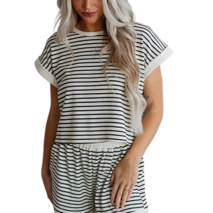 Women's Striped Shorts Set, Casual Ribbed Tee and Short Loungewear - Main View