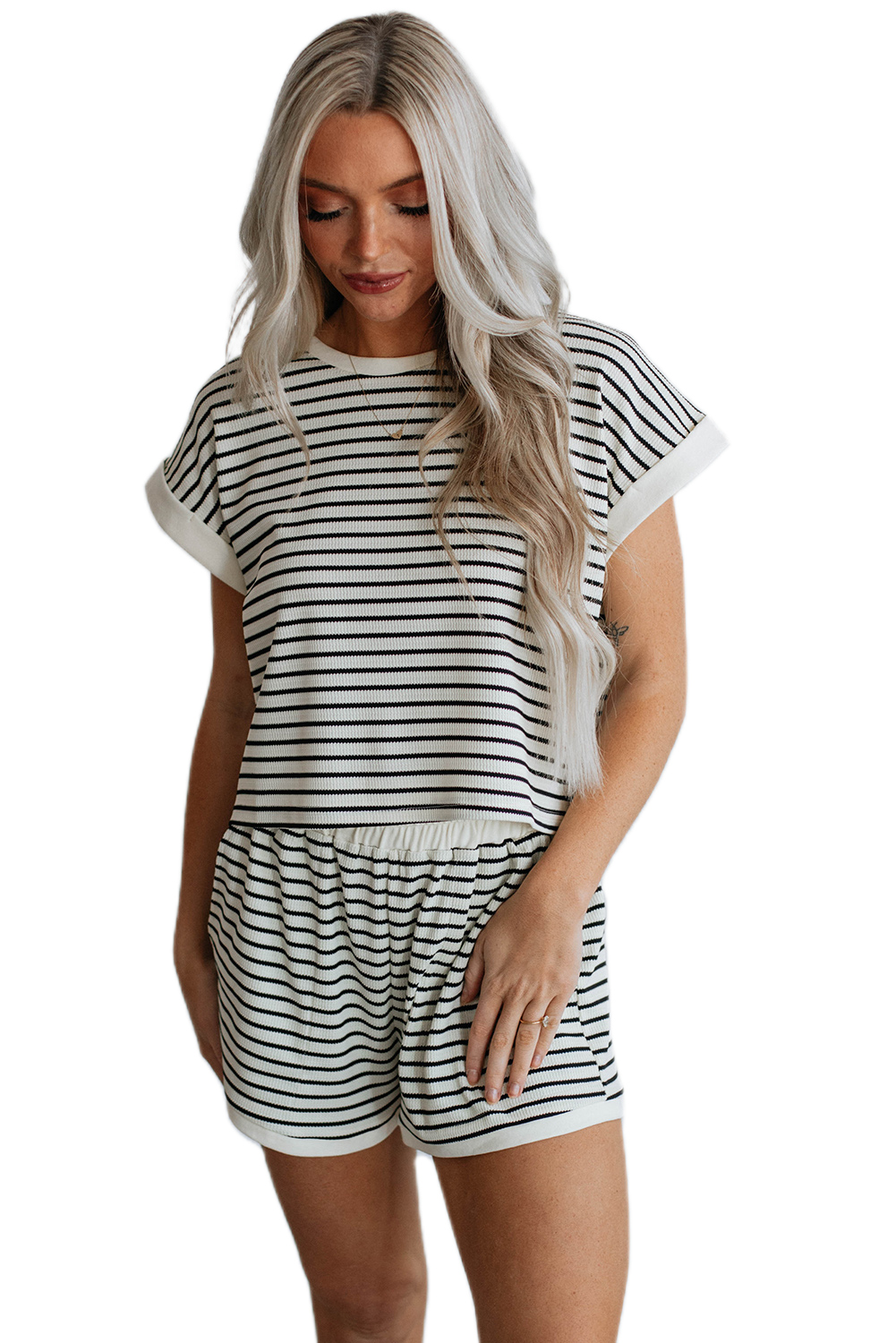 Women's Striped Shorts Set, Casual Ribbed Tee and Short Loungewear - Main View Women's Striped Shorts Set, Casual Ribbed Tee and Short Loungewear - Main View