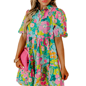 Women's Green Floral Puff Sleeve Collar Buttoned Babydoll Dress - Main View
