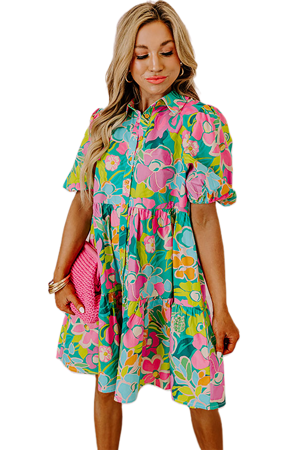 Women's Green Floral Puff Sleeve Collar Buttoned Babydoll Dress - Main View Women's Green Floral Puff Sleeve Collar Buttoned Babydoll Dress - Main View