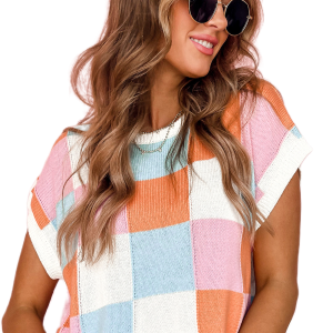Women's Plaid Knit Sweater, Casual Multicolor Cap Sleeve Top - Main View