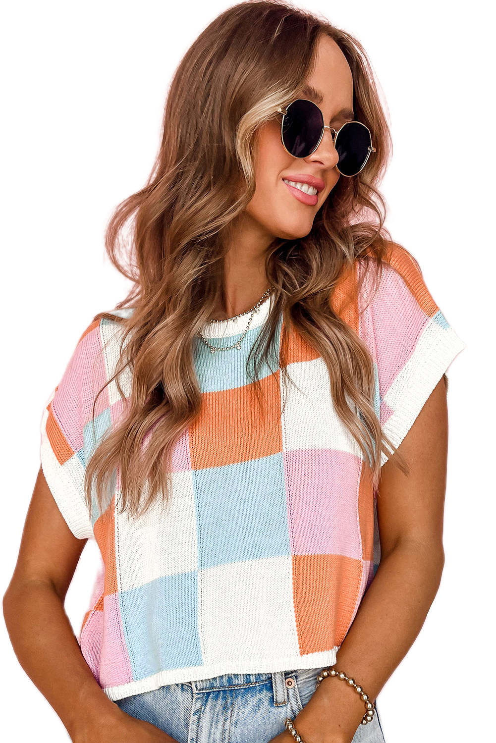 Women's Plaid Knit Sweater, Casual Multicolor Cap Sleeve Top - Main View Women's Plaid Knit Sweater, Casual Multicolor Cap Sleeve Top - Main View