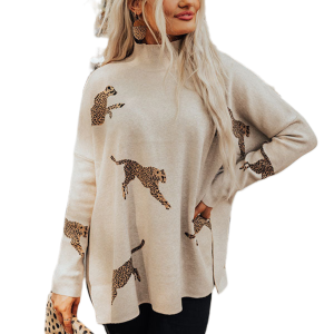 Women's Cheetah Print Sweater, Casual High Neck Long Sleeve - Main View
