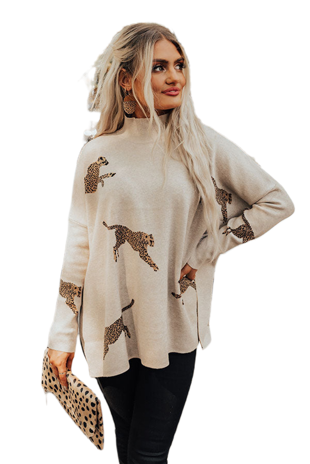 Women's Cheetah Print Sweater, Casual High Neck Long Sleeve - Main View Women's Cheetah Print Sweater, Casual High Neck Long Sleeve - Main View