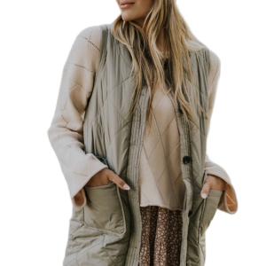 Women's Quilted Long Vest, Grass Green Sleeveless Jacket - Main View
