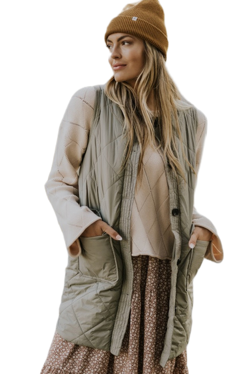 Women's Quilted Long Vest, Grass Green Sleeveless Jacket - Main View Women's Quilted Long Vest, Grass Green Sleeveless Jacket - Main View