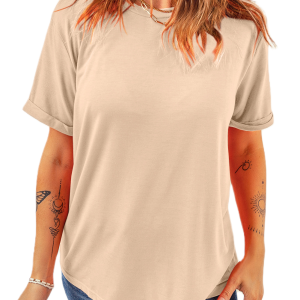 Women's Khaki Crew Neck Tee, Casual Short Sleeve Basic Top - Main View