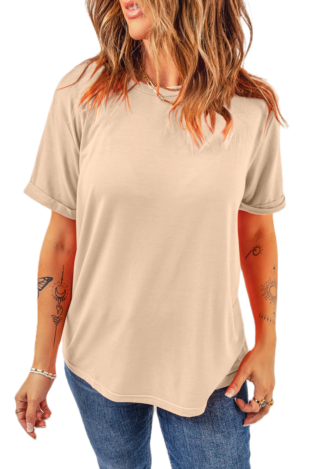 Women's Khaki Crew Neck Tee, Casual Short Sleeve Basic Top - Main View Women's Khaki Crew Neck Tee, Casual Short Sleeve Basic Top - Main View