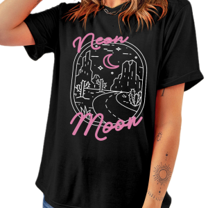 Women's Black Neon Moon Letter Graphic Short Sleeve Top - Main View