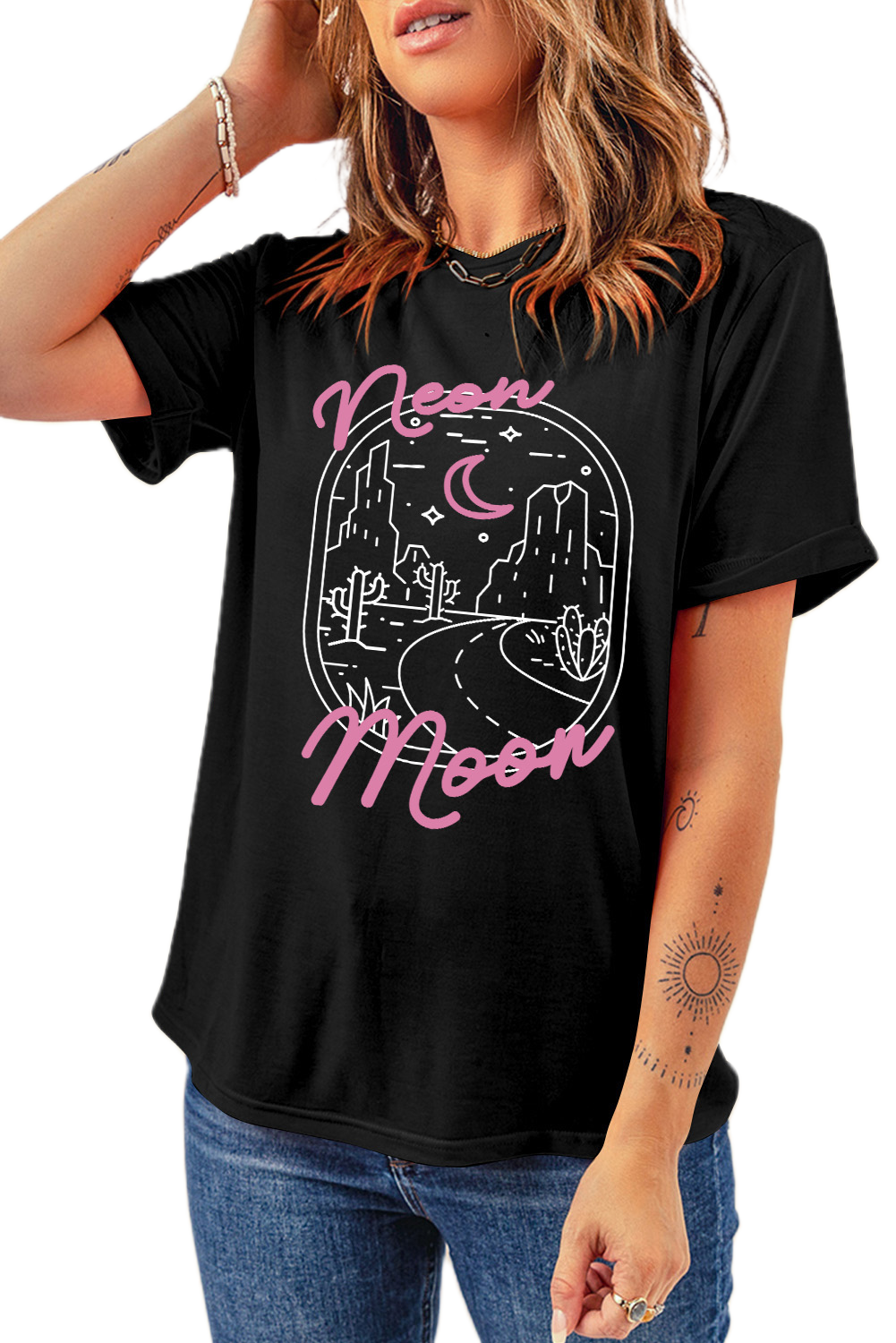 Women's Black Neon Moon Letter Graphic Short Sleeve Top - Main View Women's Black Neon Moon Letter Graphic Short Sleeve Top - Main View