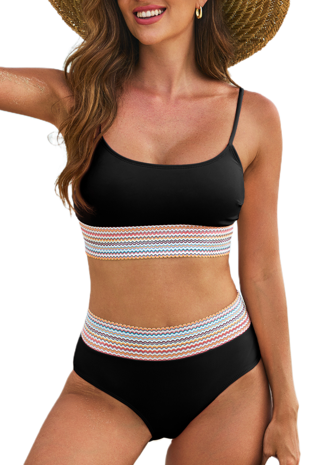 Women's High Waisted Bikini, Striped Patchwork Beach Set - Main View Women's High Waisted Bikini, Striped Patchwork Beach Set - Main View