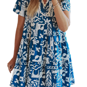 Women's Blue Floral Tiered Dress, Casual V Neck Summer Style - Main View