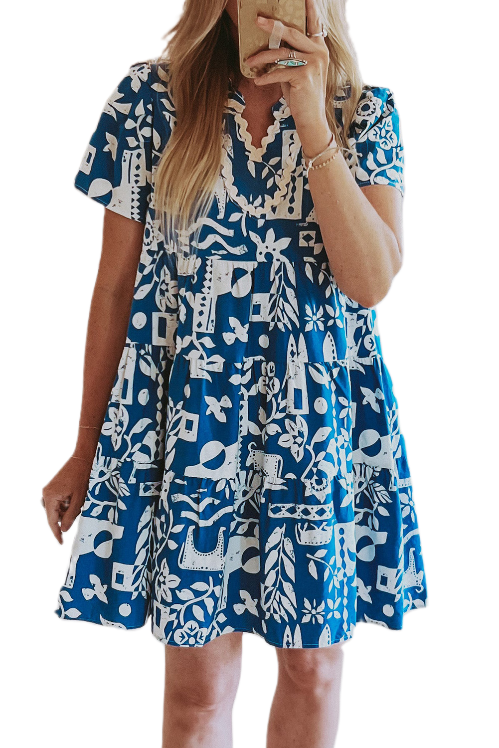 Women's Blue Floral Tiered Dress, Casual V Neck Summer Style - Main View Women's Blue Floral Tiered Dress, Casual V Neck Summer Style - Main View