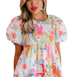 Women's Abstract Print Top, Elegant Parisian Puff Sleeve - Main View