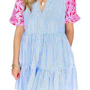 Women's Classic Sky Blue Stripe Contrast Floral Puff Sleeve Mini Dress - Main View