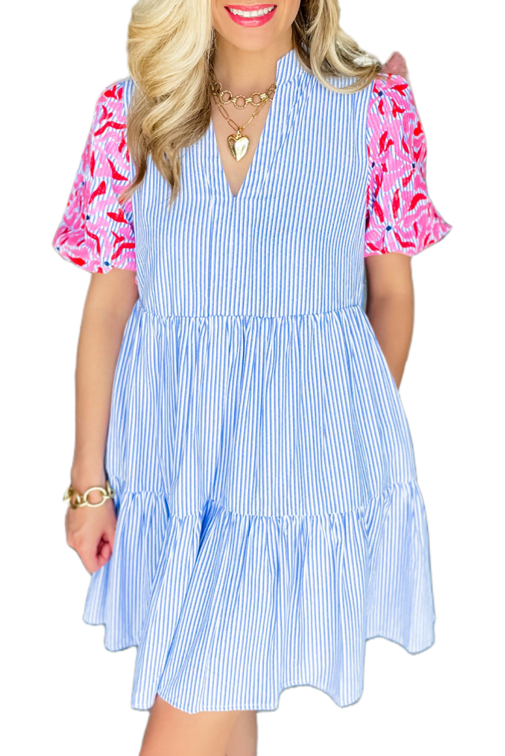 Women's Classic Sky Blue Stripe Contrast Floral Puff Sleeve Mini Dress - Main View Women's Classic Sky Blue Stripe Contrast Floral Puff Sleeve Mini Dress - Main View