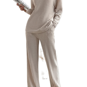Women's Khaki Ribbed Knit Set, Long Sleeve V Neck Loungewear - Main View