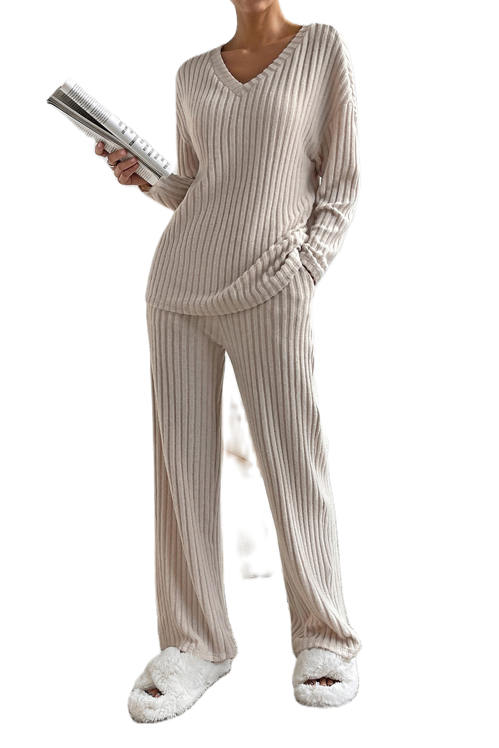 Women's Khaki Ribbed Knit Set, Long Sleeve V Neck Loungewear - Main View Women's Khaki Ribbed Knit Set, Long Sleeve V Neck Loungewear - Main View