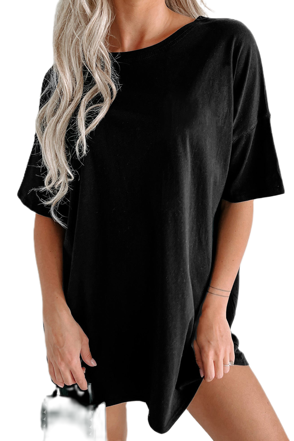 Women's Black Solid Color Round Neck Short Sleeve Basic Tunic T-Shirt - Main View Women's Black Solid Color Round Neck Short Sleeve Basic Tunic T-Shirt - Main View