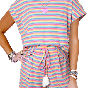 Women's Casual Pink Stripe Crew Neck Tee and Shorts Set - Main View