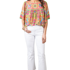 Women's Chic Orange Geometric Print Bell Sleeve Babydoll Blouse - Main View