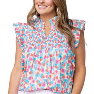 Women's Stylish Sky Blue Abstract Printed Blouse with Shirred Yoke - Main View