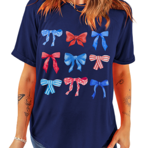 Women's Blue Bow Graphic Tee, Casual Patriotic Round Neck Top - Main View