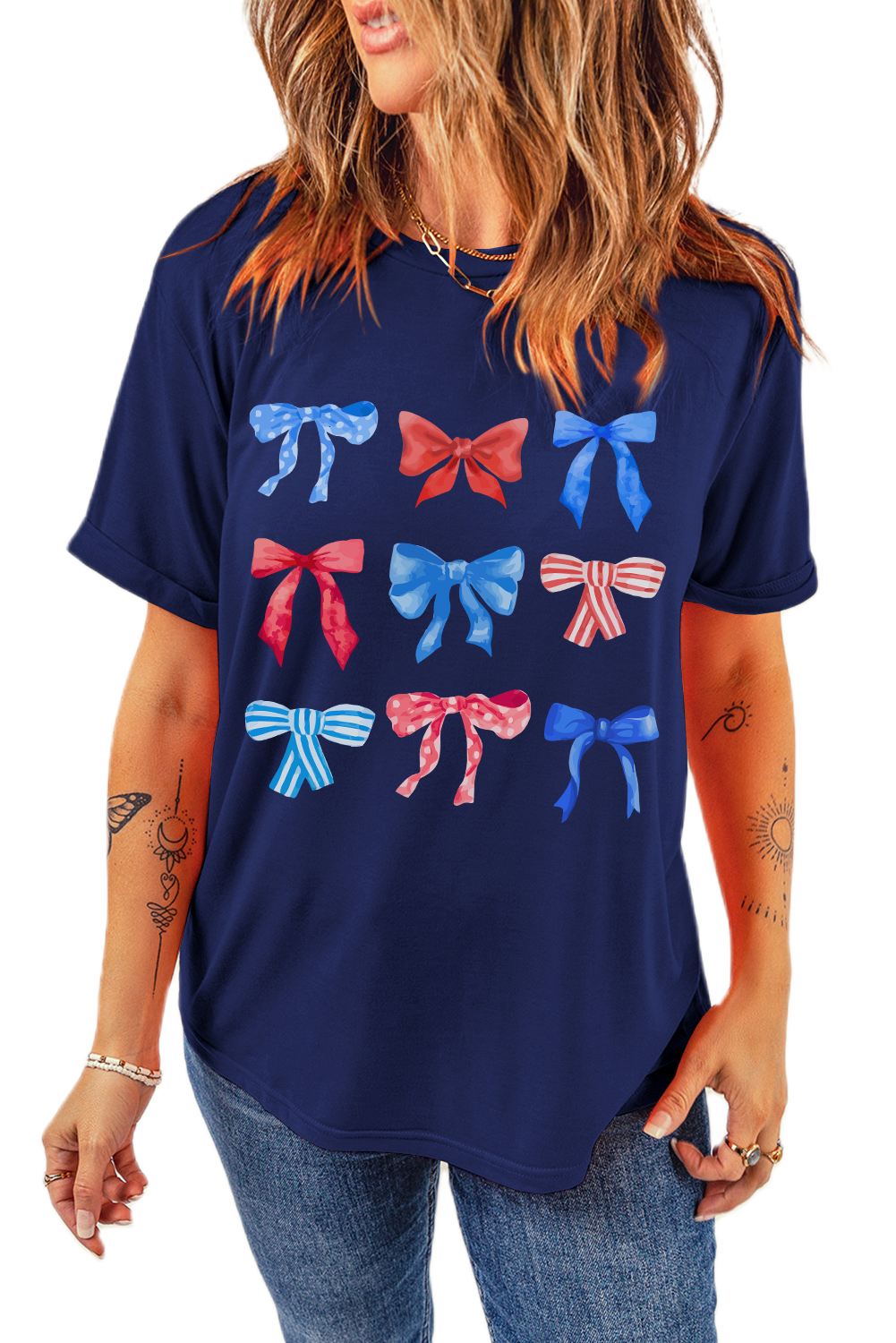 Women's Blue Bow Graphic Tee, Casual Patriotic Round Neck Top - Main View Women's Blue Bow Graphic Tee, Casual Patriotic Round Neck Top - Main View