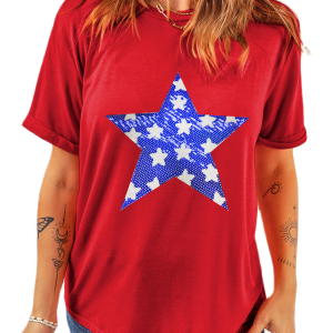 Red Sequin Star Graphic Crewneck T-Shirt for Women - Main View