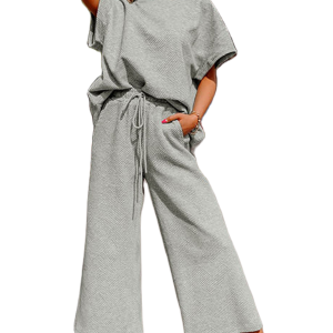 Women's Textured Loungewear Set, Casual Short Sleeve Outfit - Main View
