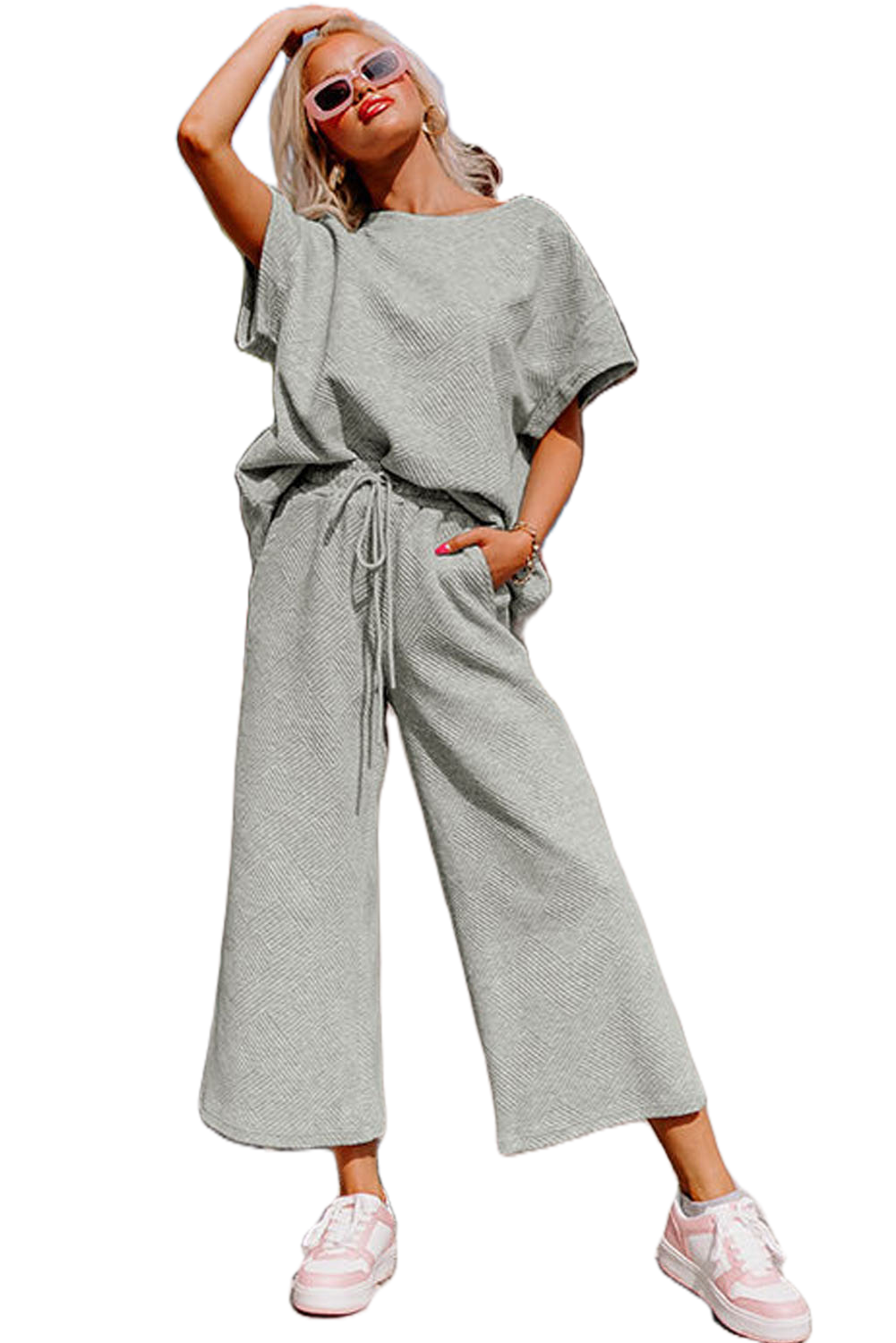 Women's Textured Loungewear Set, Casual Short Sleeve Outfit - Main View Women's Textured Loungewear Set, Casual Short Sleeve Outfit - Main View