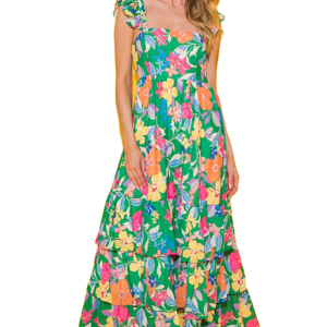 Women's Bohemian Style Green Floral Print Sleeveless Maxi Dress - Main View