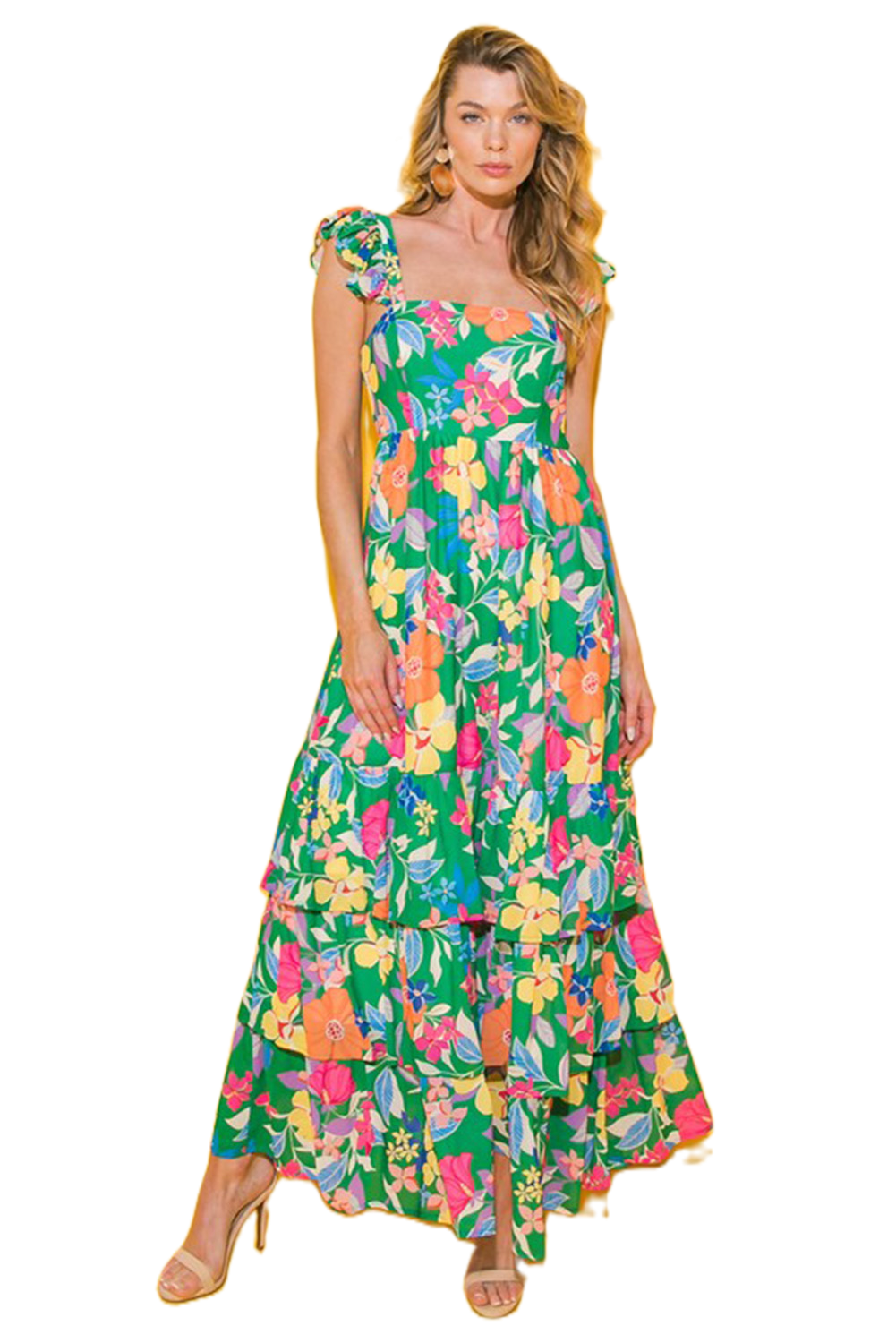 Women's Bohemian Style Green Floral Print Sleeveless Maxi Dress - Main View Women's Bohemian Style Green Floral Print Sleeveless Maxi Dress - Main View