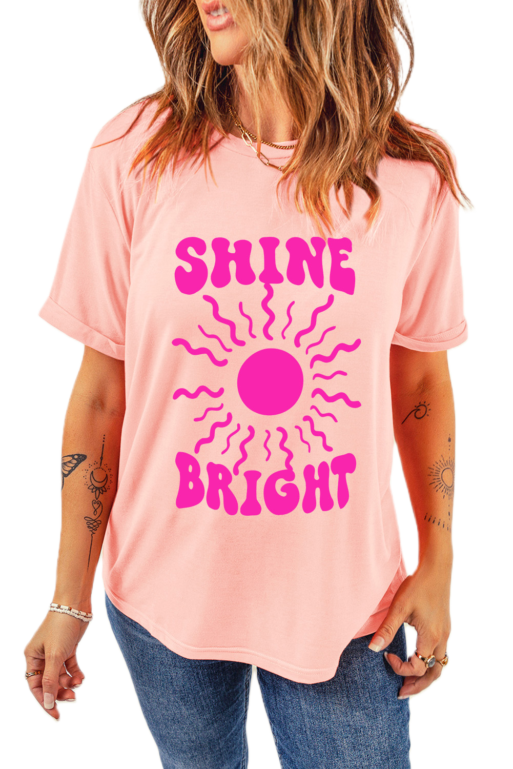 Women's Shine Bright Graphic Tee, Casual Pink Summer Knit - Main View Women's Shine Bright Graphic Tee, Casual Pink Summer Knit - Main View