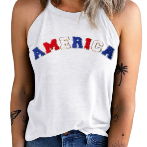 Women's White Chenille AMERICA Graphic Tank Top - Main View