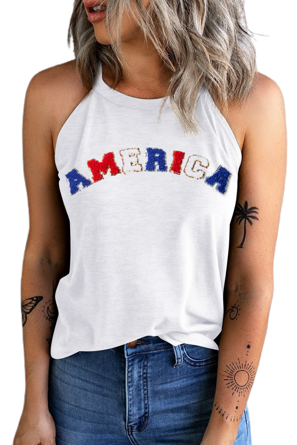 Women's White Chenille AMERICA Graphic Tank Top - Main View Women's White Chenille AMERICA Graphic Tank Top - Main View