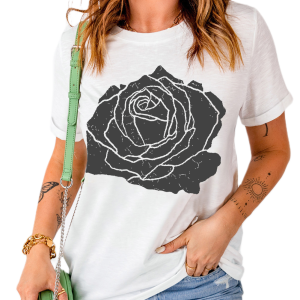Women's White Large Rose Print Round Neck Short Sleeve Graphic T-Shirt - Main View