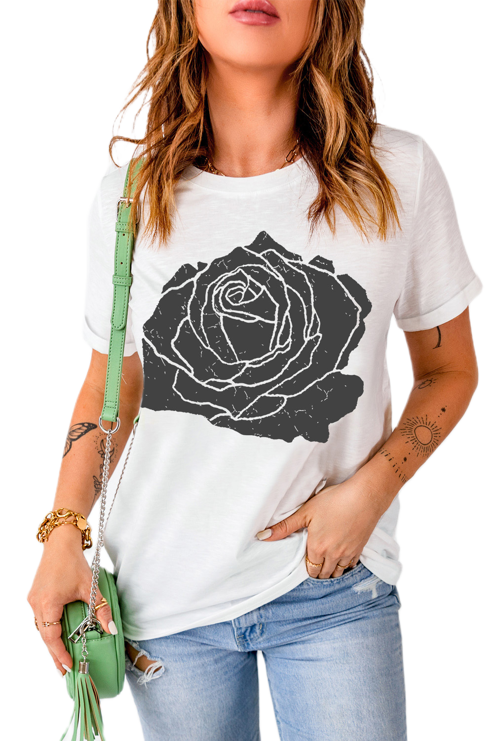 Women's White Large Rose Print Round Neck Short Sleeve Graphic T-Shirt - Main View Women's White Large Rose Print Round Neck Short Sleeve Graphic T-Shirt - Main View
