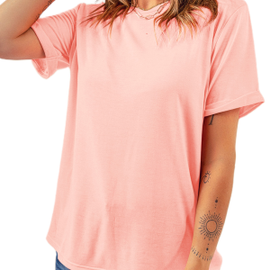 Women's Pink Crew Neck Tee, Casual Short Sleeve Summer Top - Main View
