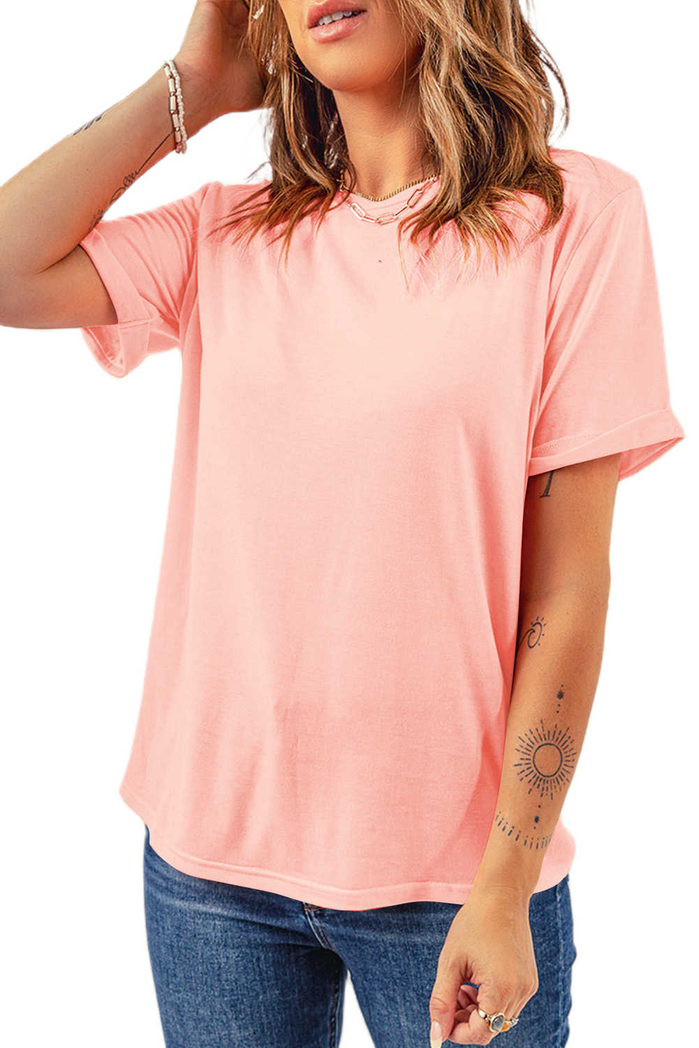 Women's Pink Crew Neck Tee, Casual Short Sleeve Summer Top - Main View Women's Pink Crew Neck Tee, Casual Short Sleeve Summer Top - Main View