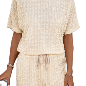 Women's Textured Two Piece Set, Casual Beige Loungewear - Main View