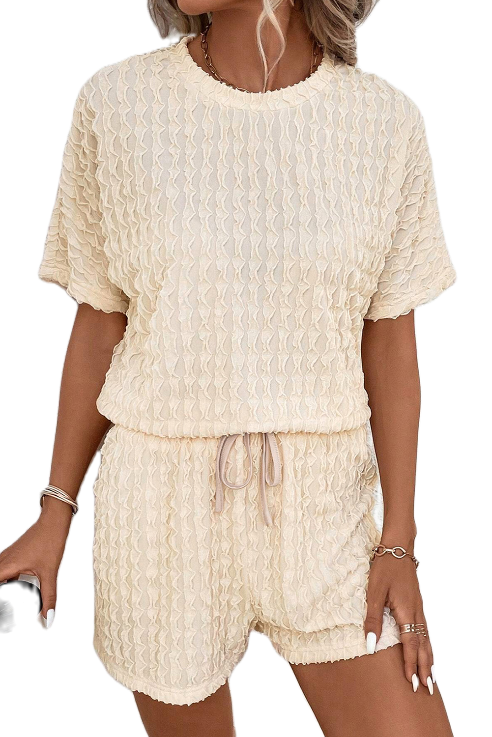 Women's Textured Two Piece Set, Casual Beige Loungewear - Main View Women's Textured Two Piece Set, Casual Beige Loungewear - Main View