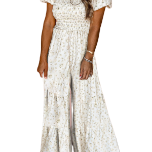 Women's Boho White Floral Smocked Wide Leg Short Puff Sleeve Jumpsuit - Main View