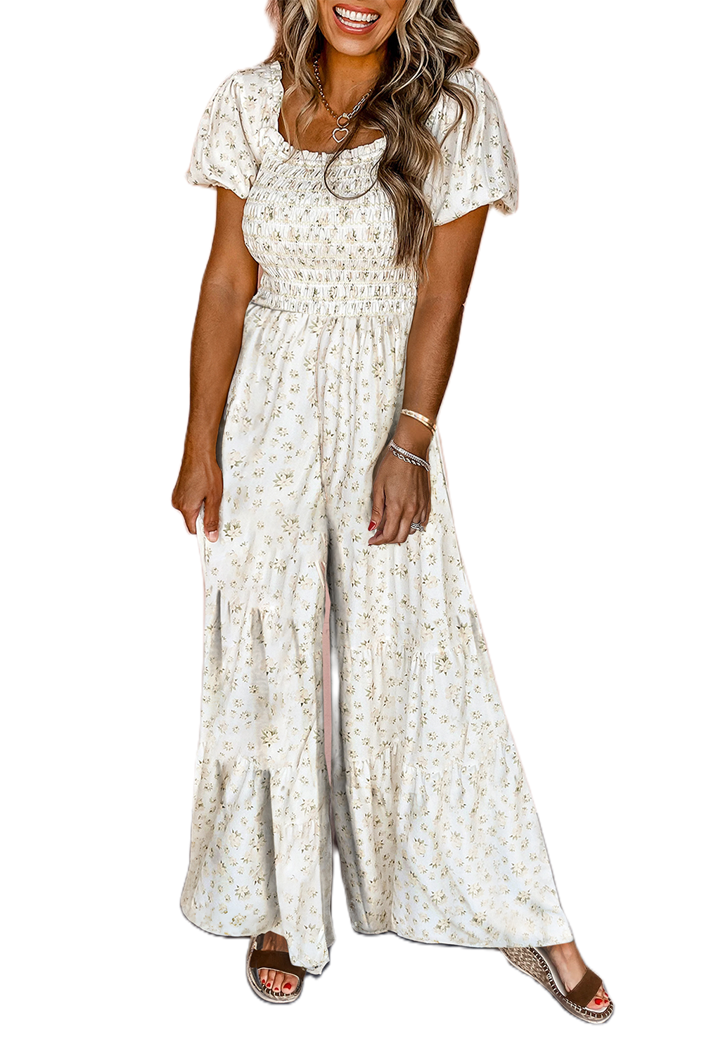 Women's Boho White Floral Smocked Wide Leg Short Puff Sleeve Jumpsuit - Main View Women's Boho White Floral Smocked Wide Leg Short Puff Sleeve Jumpsuit - Main View