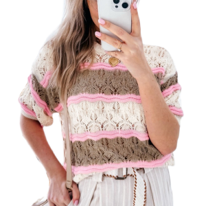 Women's Elegant Brown Stripe Color Block Half Sleeve Crochet Sweater - Main View