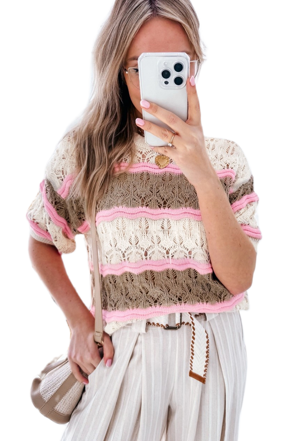 Women's Elegant Brown Stripe Color Block Half Sleeve Crochet Sweater - Main View Women's Elegant Brown Stripe Color Block Half Sleeve Crochet Sweater - Main View
